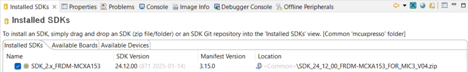 MCUXpresso Installed SDKs